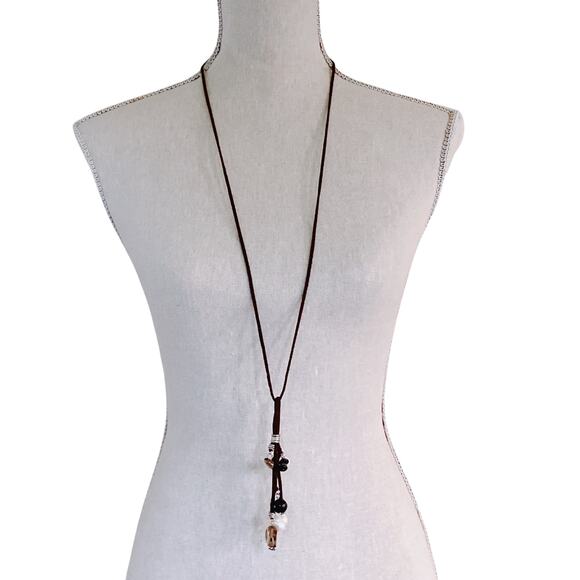 VTG Gemstone Freshwater Pearls Long Necklace Spinel Quartz Tourmaline Suede Boho - Picture 2 of 12